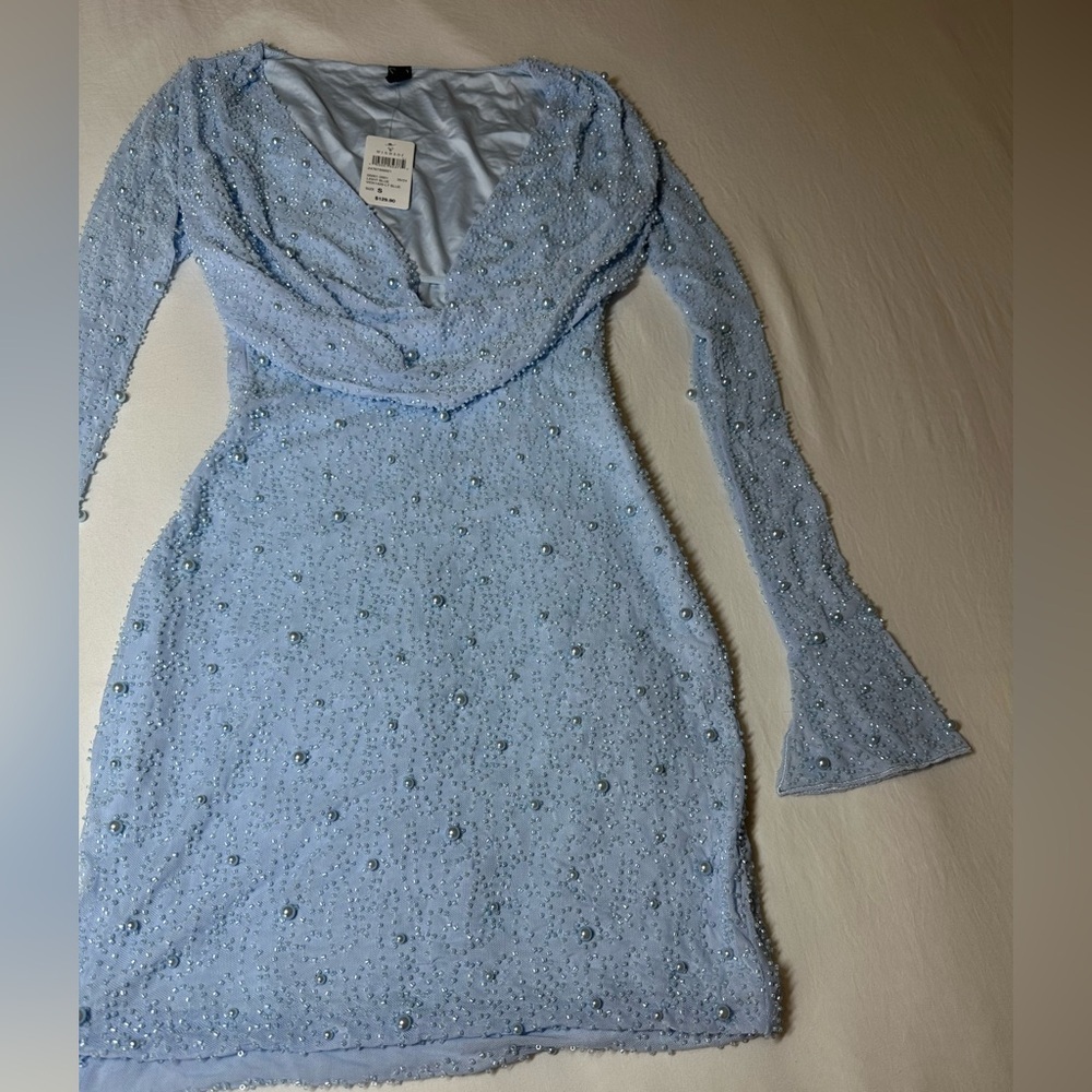 Bianca Long Sleeve Faux Pearl Beaded Mini Dress - Picture 10 of 11